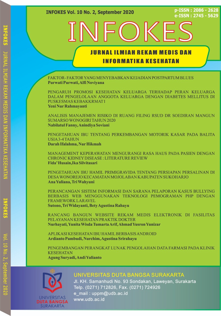 					View Vol. 10 No. 2 (2020): Jurnal Ilmiah Rekam Medis dan Informatika Kesehatan
				