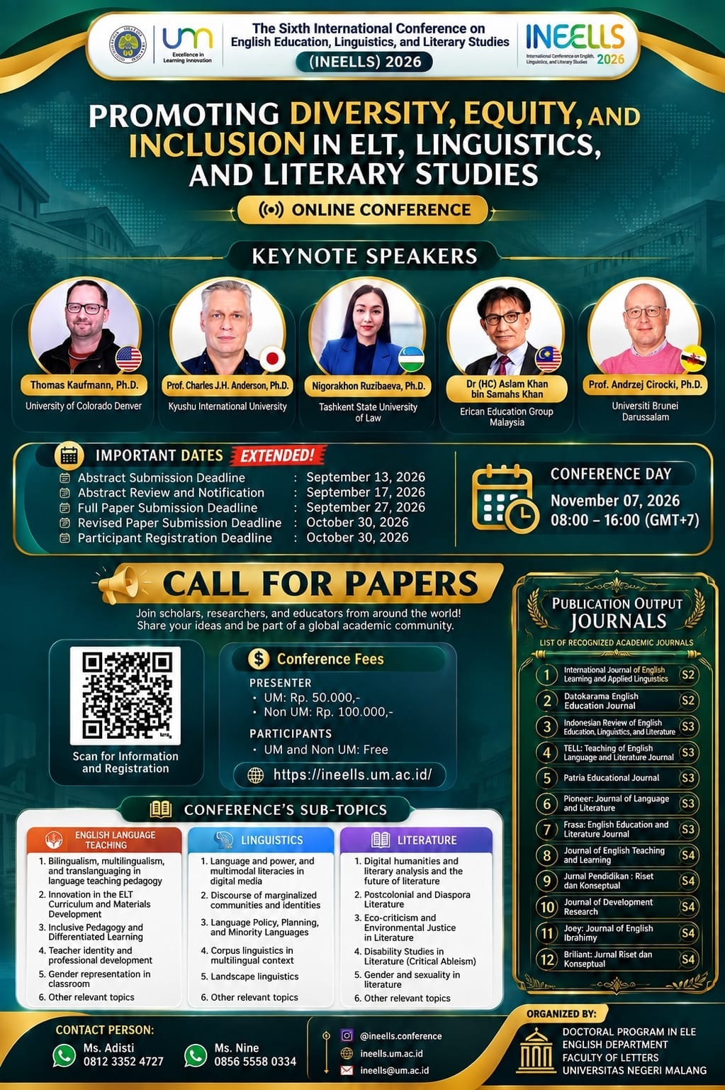 The 6th International Conference on English Education, Linguistics, and Literary Studies (INEELLS) 2026